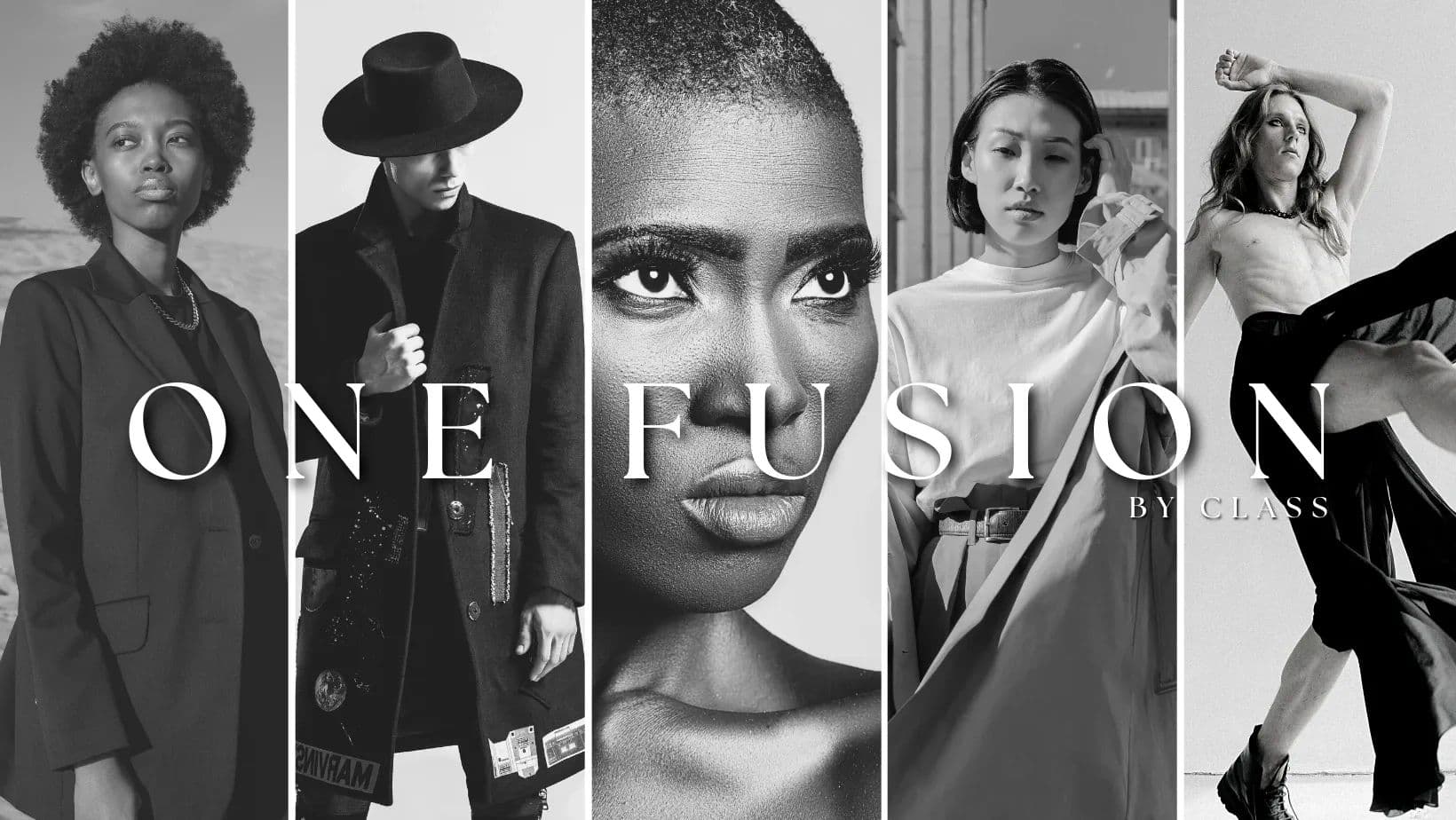 Collage editorial en blanco y negro de talentos One Fusion
